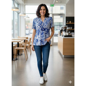 Simonton Says Vintage Blue White Y2K Animal Print Blouse